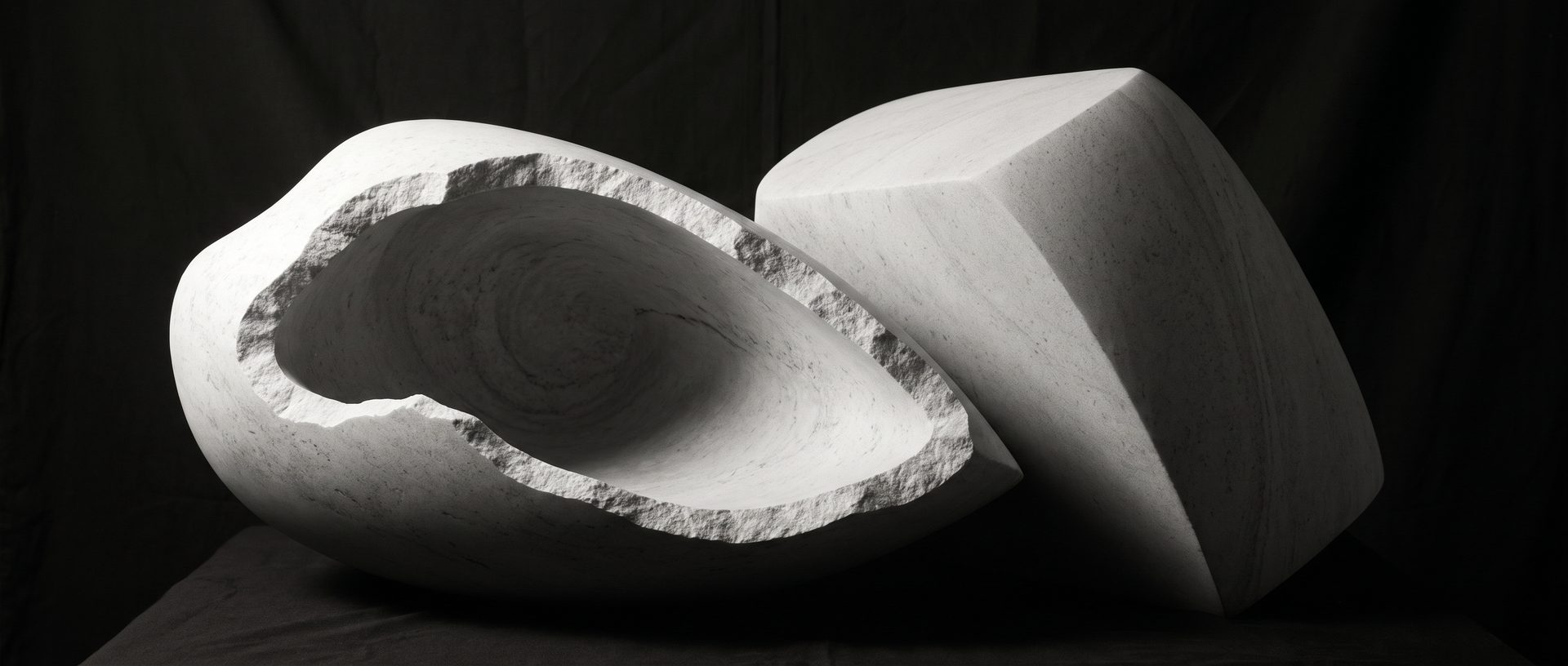 Two complementary stone sculptures side by side: a rough hollowed shell and a solid geometric block, in high-contrast light.